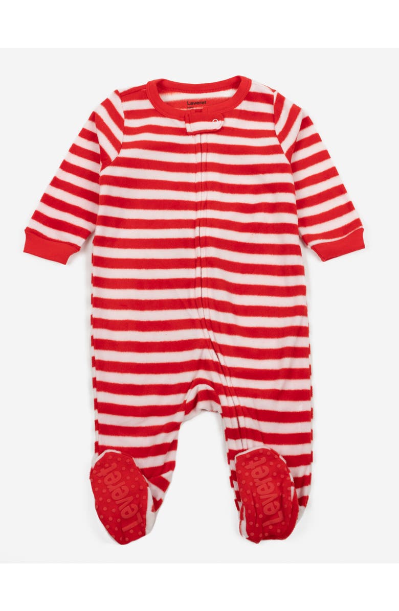 Leveret Kids Fleece Footed Printed Holiday Pajamas, Main, color, Striped Red & White