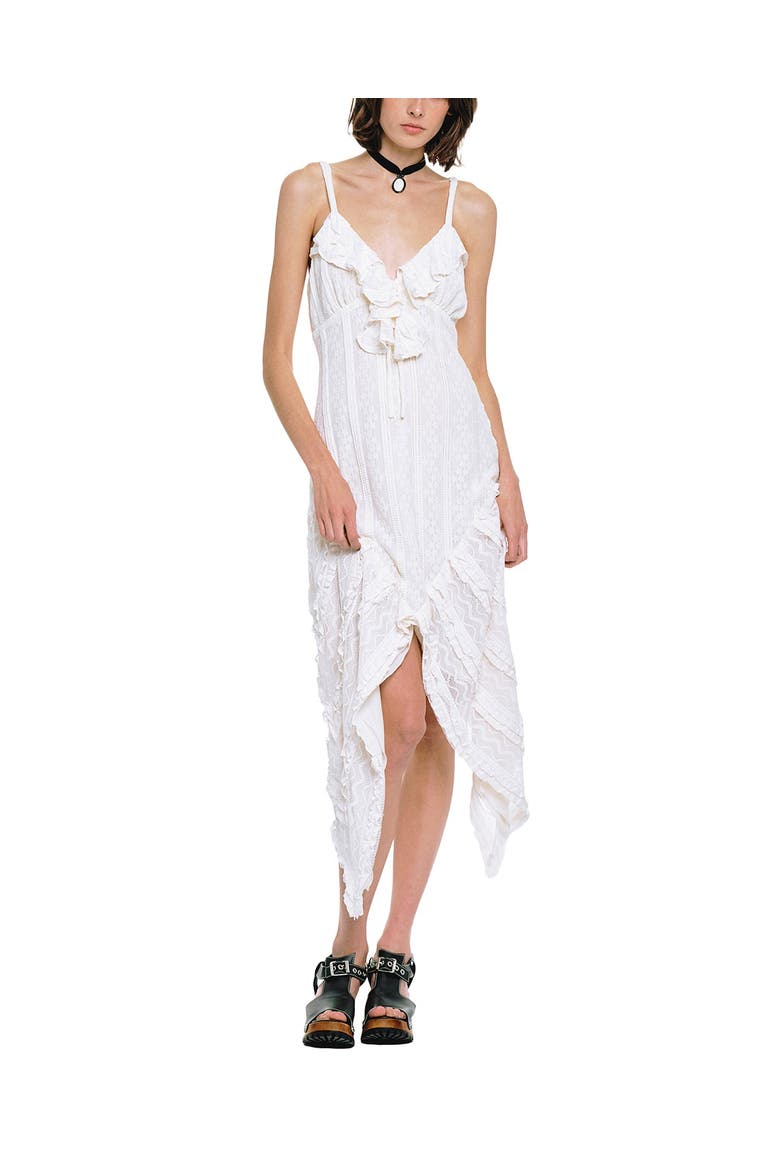 Floral Ruffle Stretch Lace Handkerchief Dress, Main, color, Cream