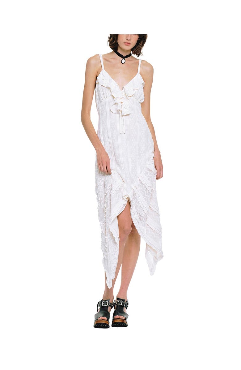 Anna Sui Floral Ruffle Stretch Lace Handkerchief Dress, Main, color, Cream