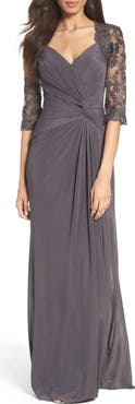 La Femme Jersey Gown with Knot Detail and Lace Sleeves