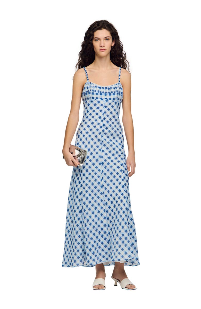 SANDRO Gingham linen maxi dress, Alternate, color, Blu / White