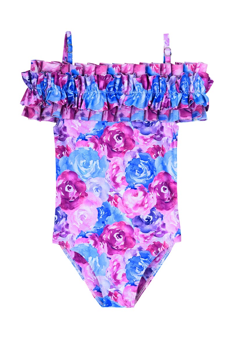 Watercolor Blooms One Piece Swimsuit, Main, color, Purple