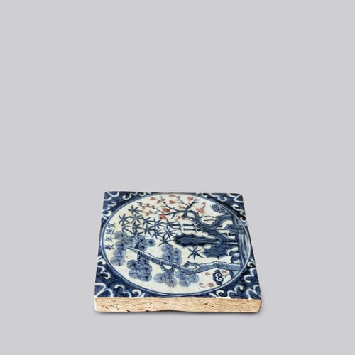 Cobalt Guild Hand Painted Porcelain Blue And Red Three Friends Tile In Blue