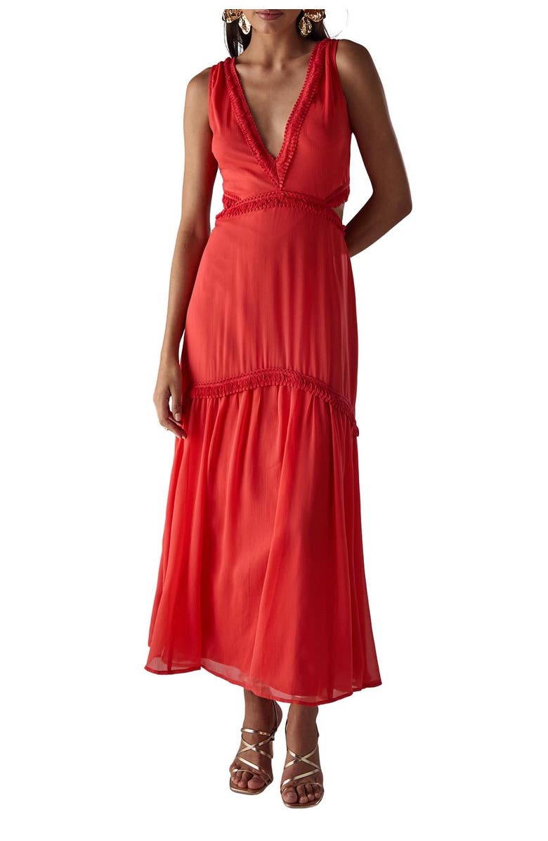 Warehouse Chiffon Fringe Trim Cut Out Maxi Dress, Alternate, color, Red