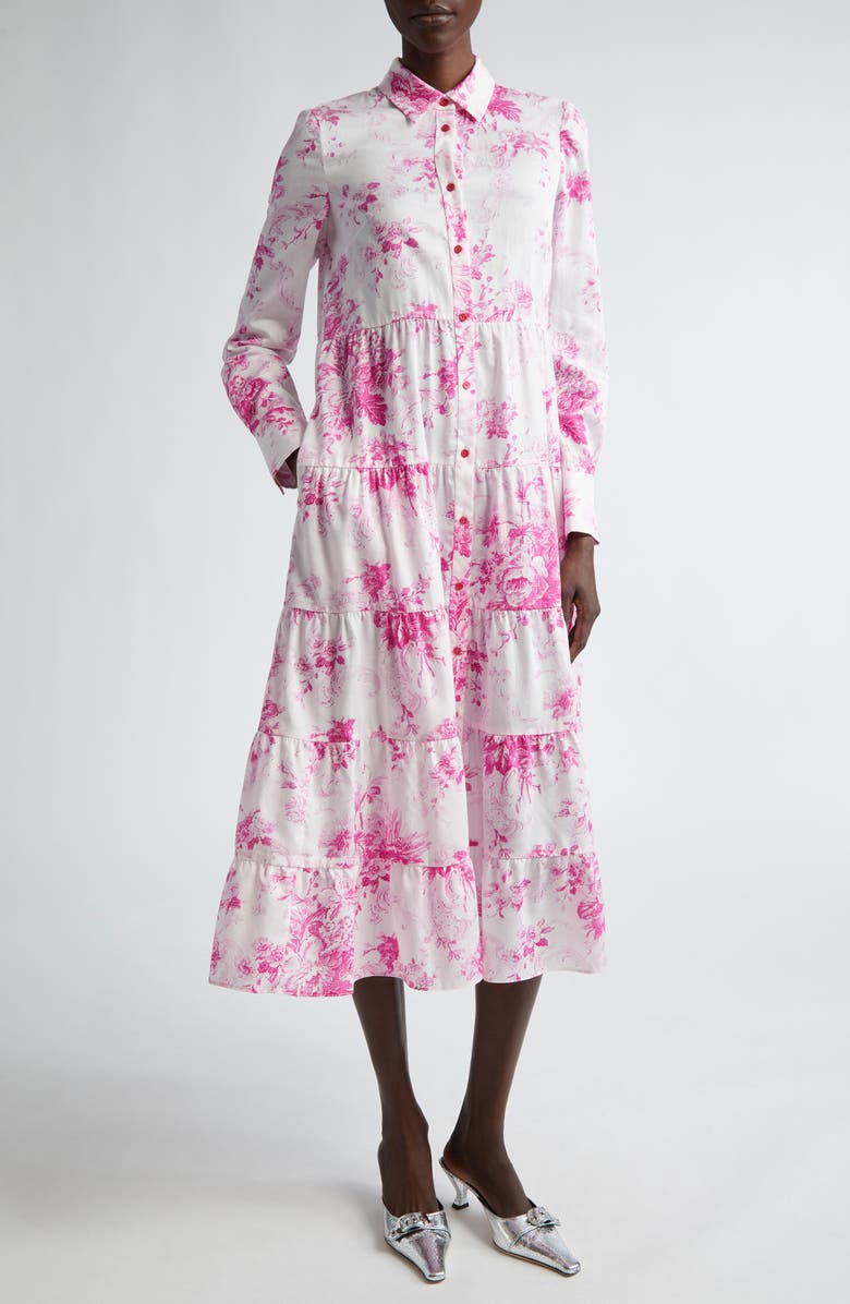 Erdem Floral Print Long Sleeve Tiered Shirtdress, Main, color, 