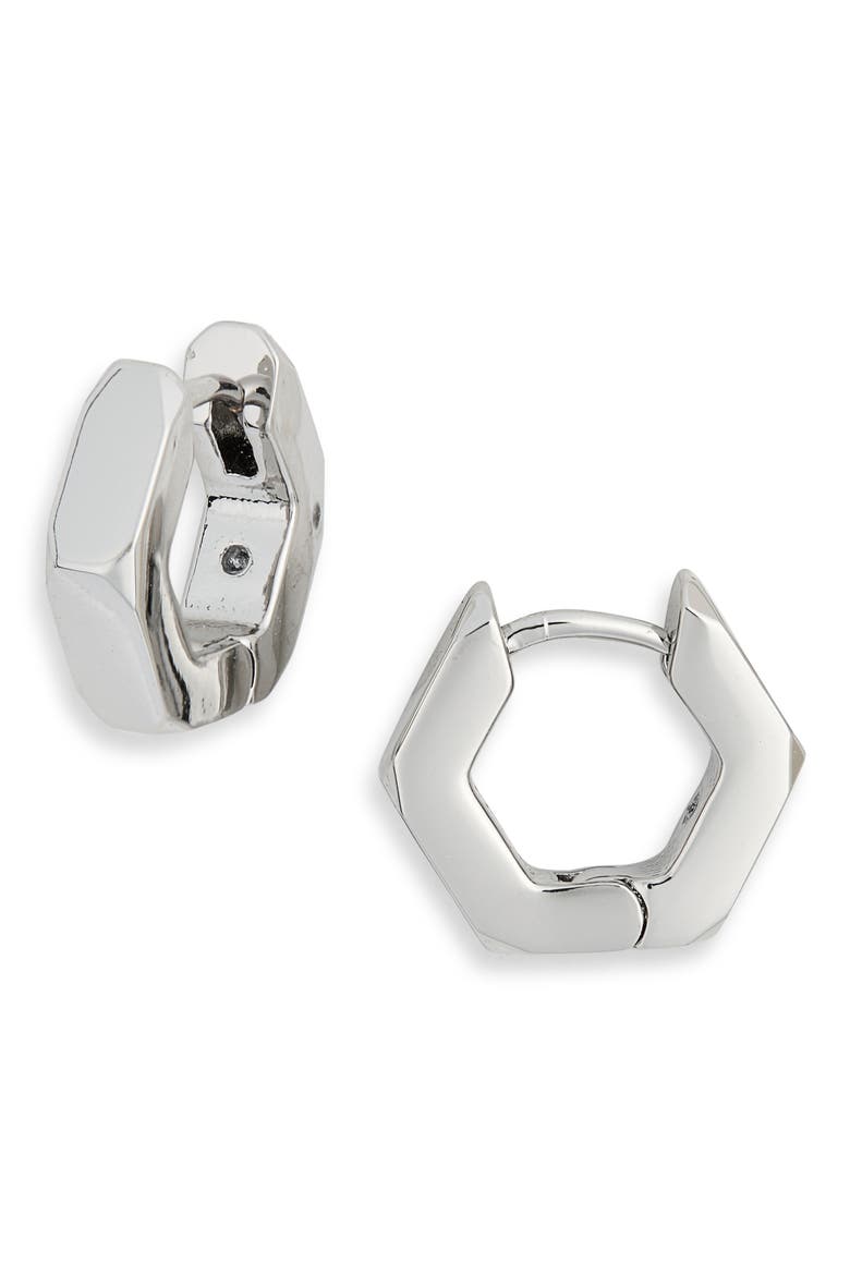 Hexagon Huggie Hoop Earrings, Alternate, color, SHINY RHODIUM
