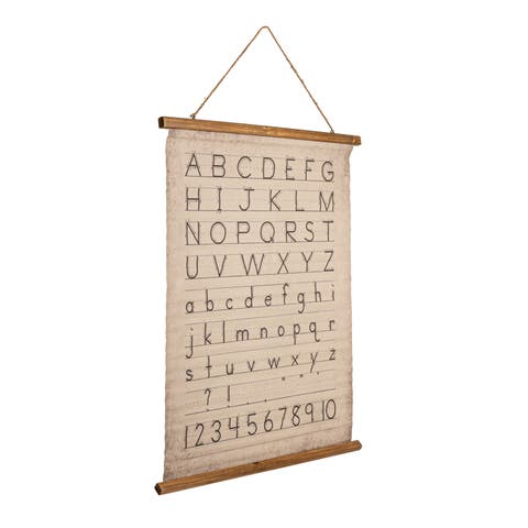 Canvas and Wood Scroll Wall Decor with Alphabet, Numbers and Jute Hanger, Multicolor