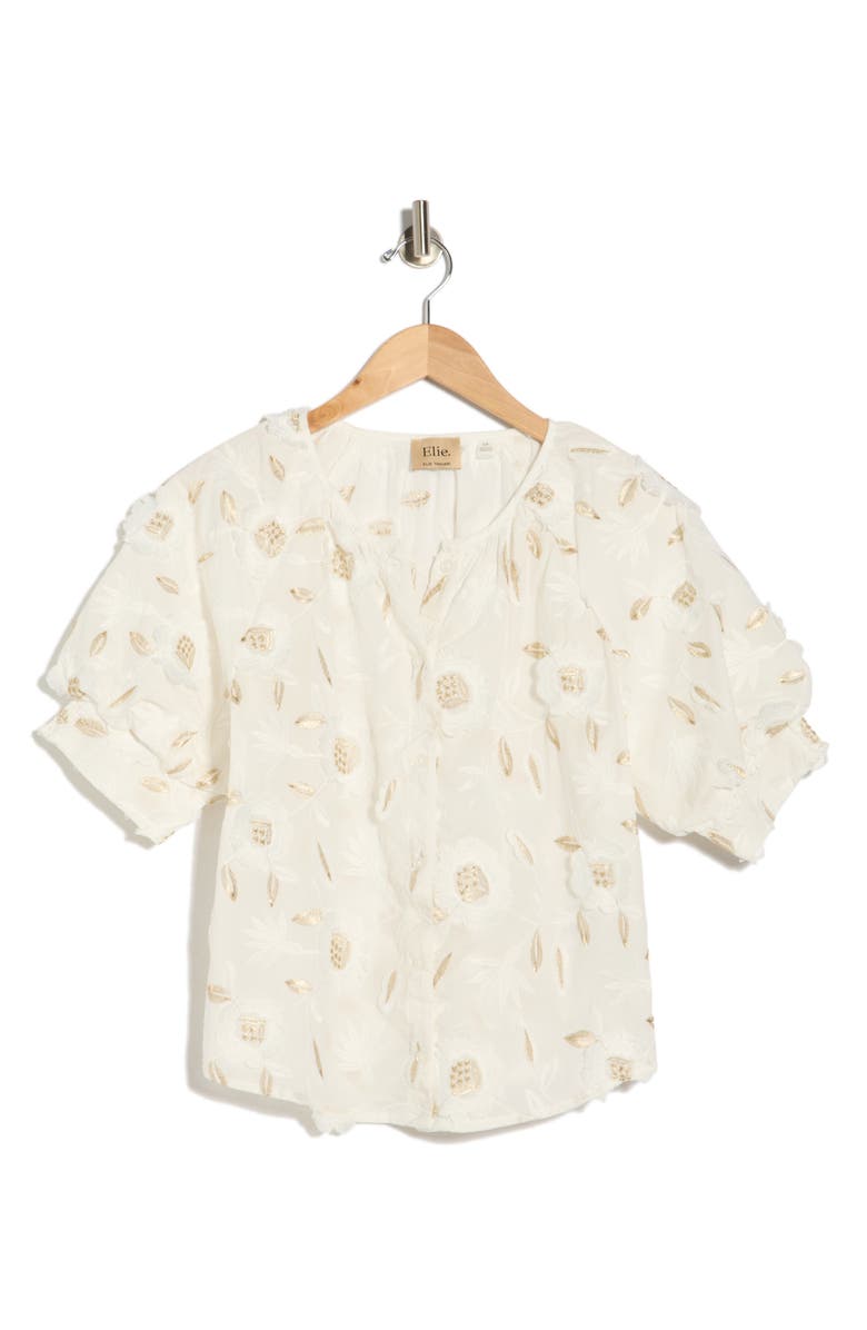 ELIE ELIE TAHARI 3D Floral Appliqué Button-Up Top, Main, color, White/ Golden Embroidery