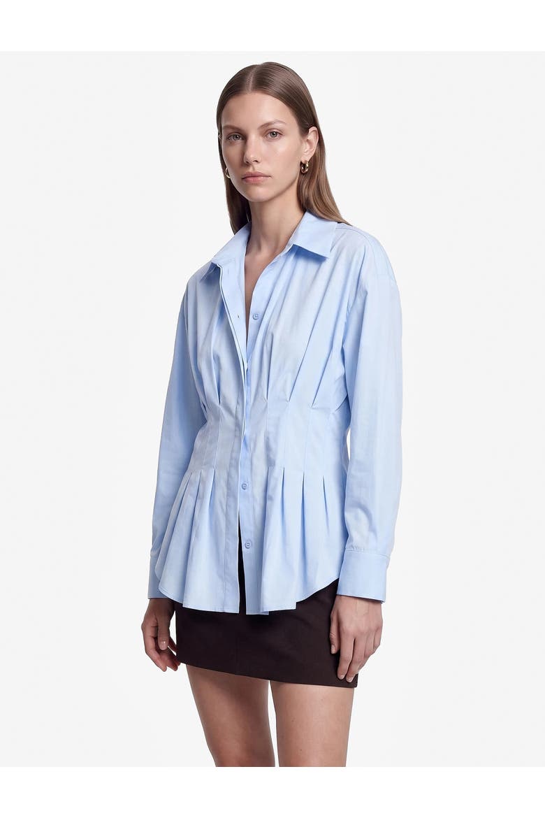 Pleated Waist Long Sleeve Lapel Poplin Shirt, Alternate, color, LIGHT INDIGO