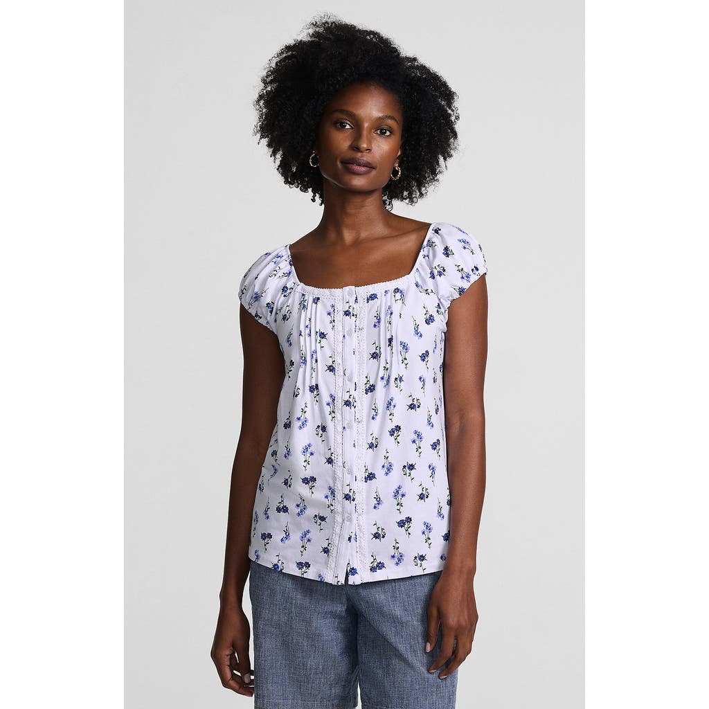 Lands' End Sleeveless Lightweight Jersey Pintuck Button Front Blouse In White/clear Blue Sky Flowers