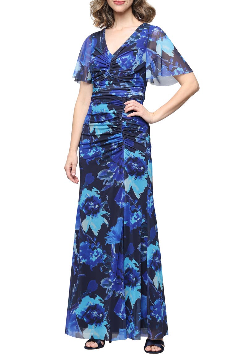 Floral Print Ruched Dress, Main, color, BLUE/ MULTI