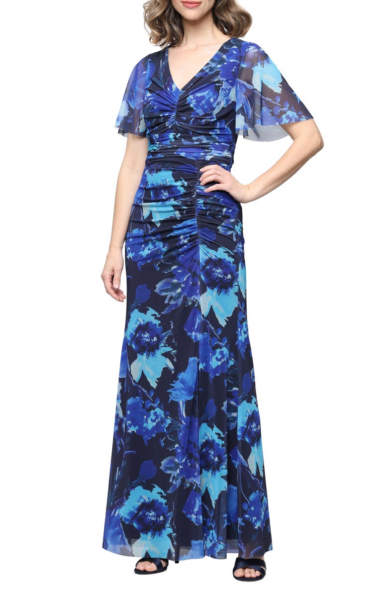 SL FASHIONS Floral Print Ruched Dress, Main, color, Blue/ Multi