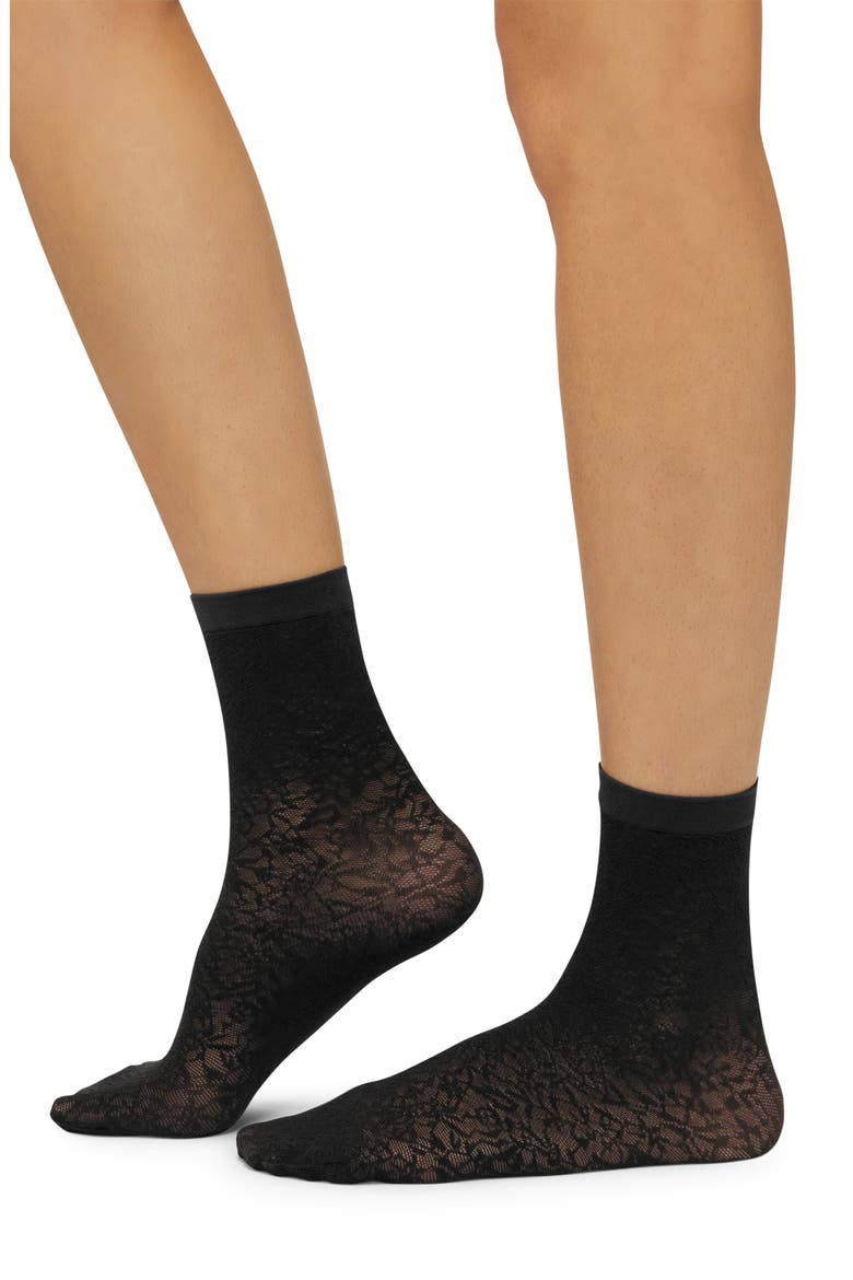 Floral Jacquard Ankle Socks, Main, color, BLACK