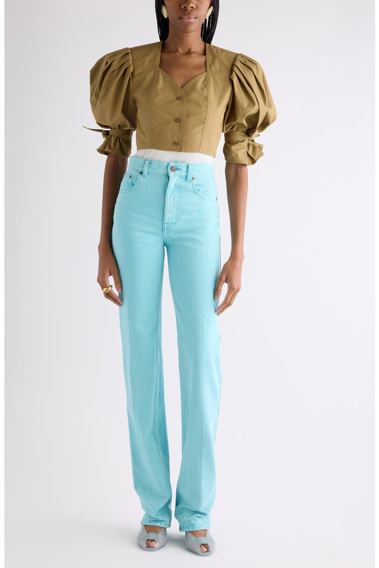 Puff Sleeve Cotton Poplin Crop Top, Alternate, color, AMBER OLIVE