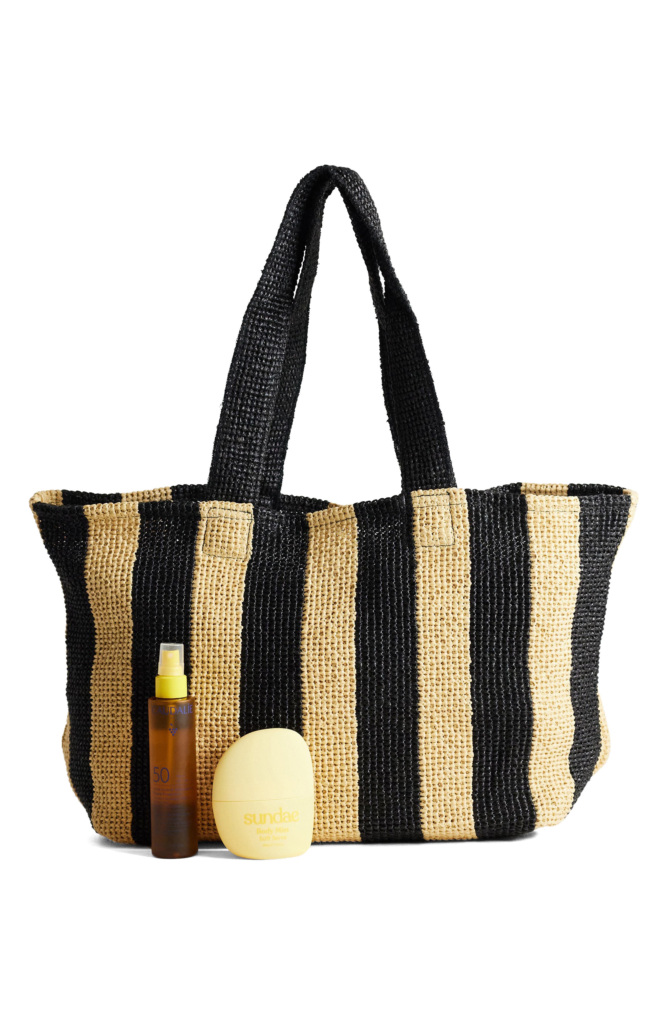 Selia Stripe Straw Tote, Alternate, color, BLACK
