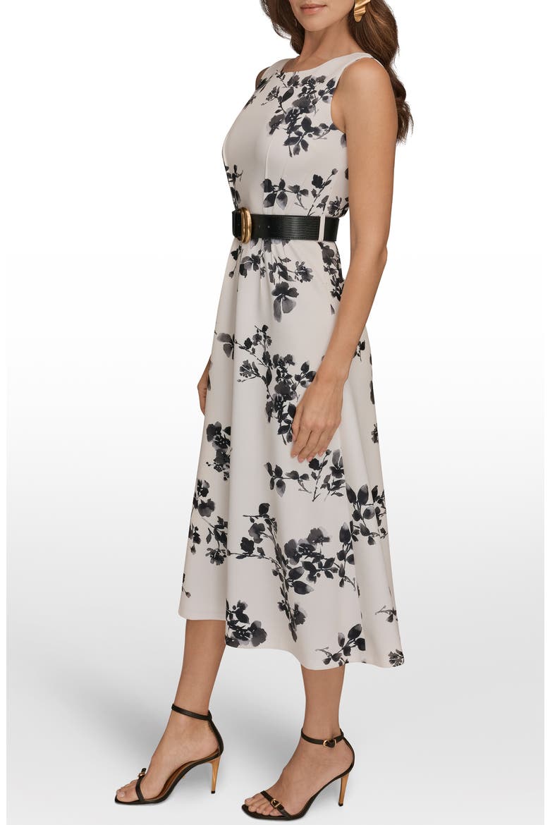 Belted Floral Print Midi Dress, Alternate, color, CREAM/ BLACK MULTI