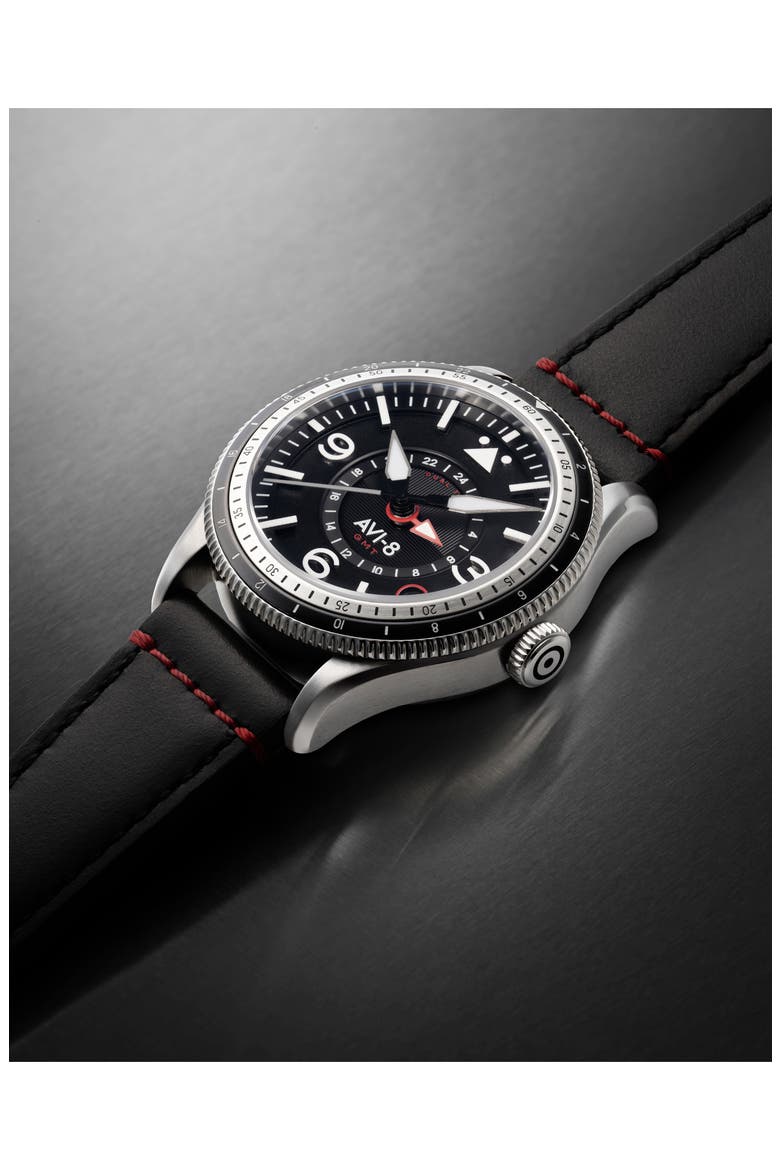 Flyboy Airmaster GMT Leather Strap Watch, 40mm, Alternate, color, BLACK