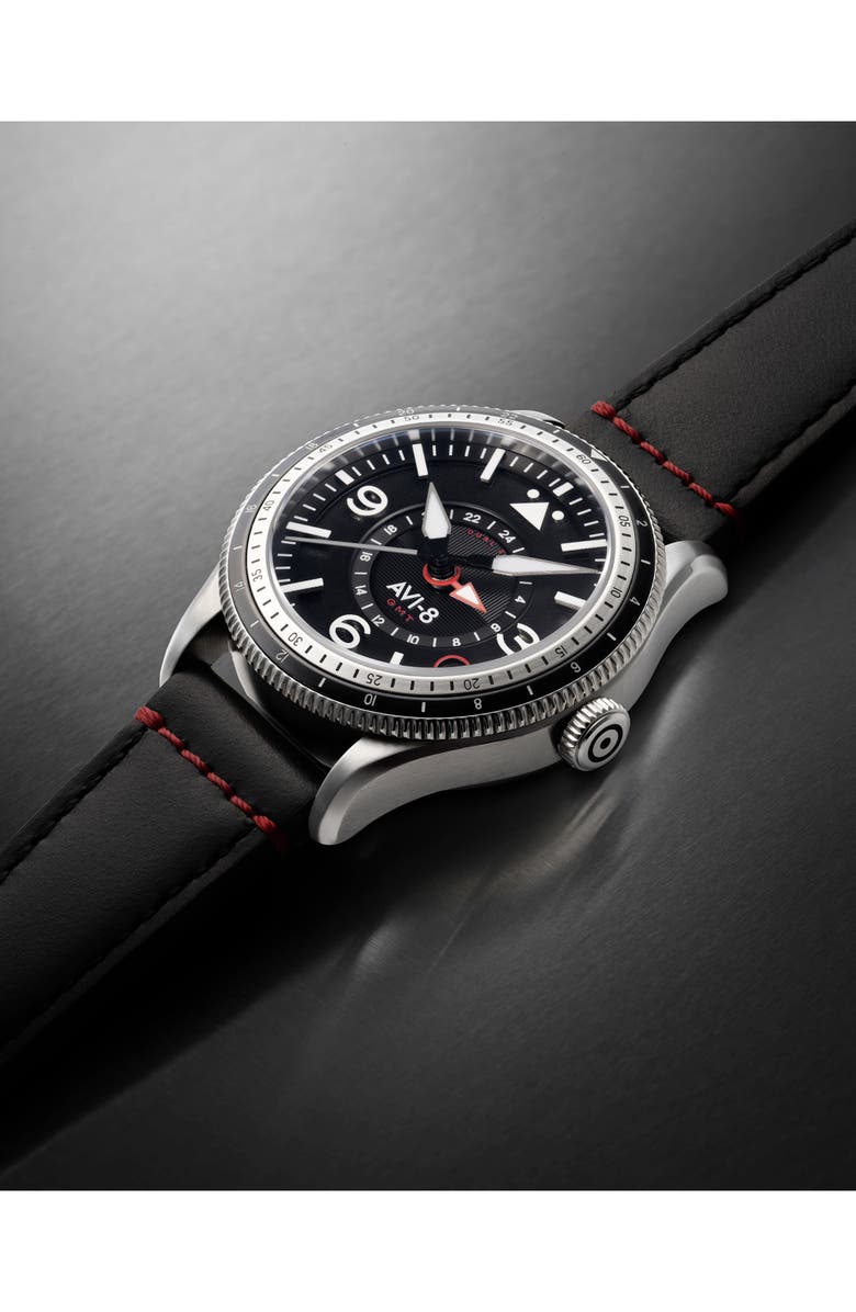 AVI-8 Flyboy Airmaster GMT Leather Strap Watch, 40mm, Alternate, color, Black