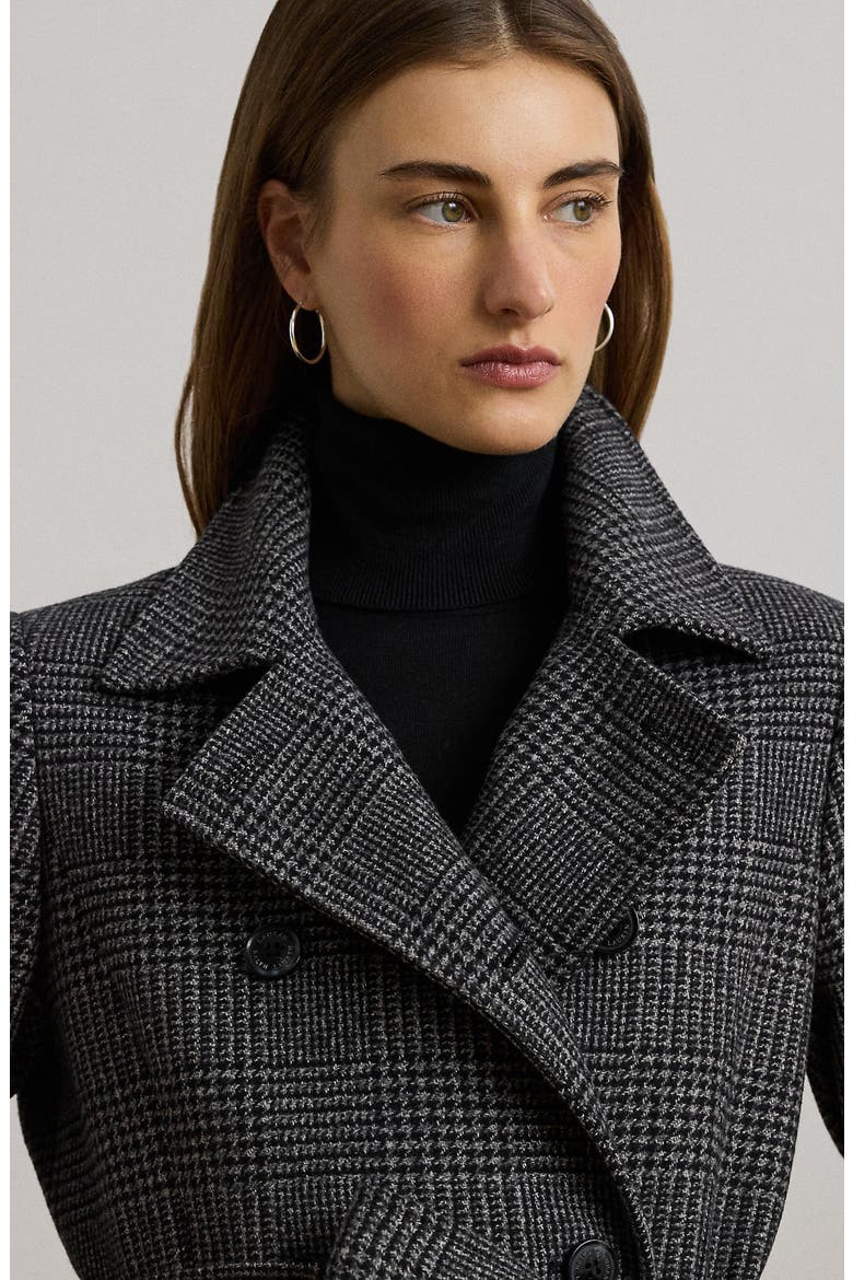 Belted Double Breasted Wool Blend Coat, Alternate, color, BLACK/ GREY PLAID
