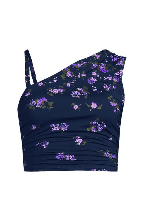 Lands' End Ruched One Shoulder Midkini Swimsuit Top In Navy Bouquet Cascade Floral