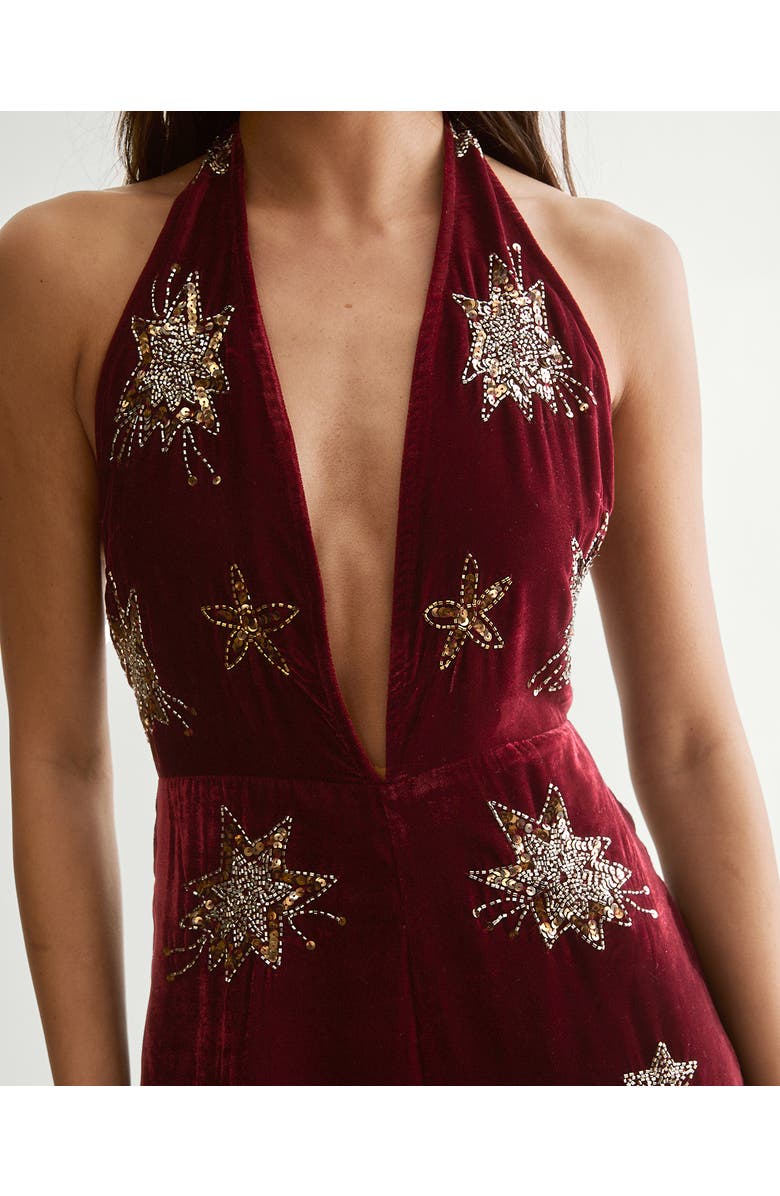 NASTY GAL Star Embellished Velvet Halter Jumpsuit, Alternate, color, Wine