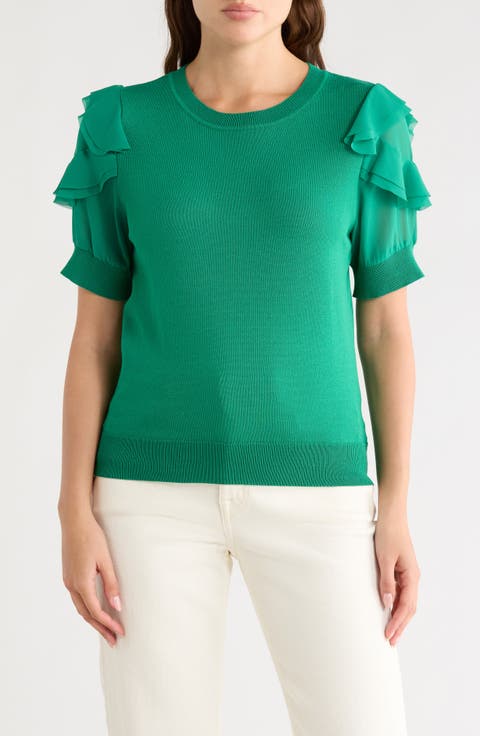 Ruffle Short Sleeve Mixed Media Sweater