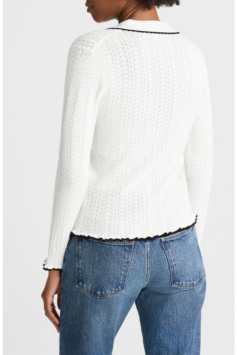 Ruffle Trim Pointelle Cardigan, Alternate, color, SOFT WHITE W/ BLACK TIPPING