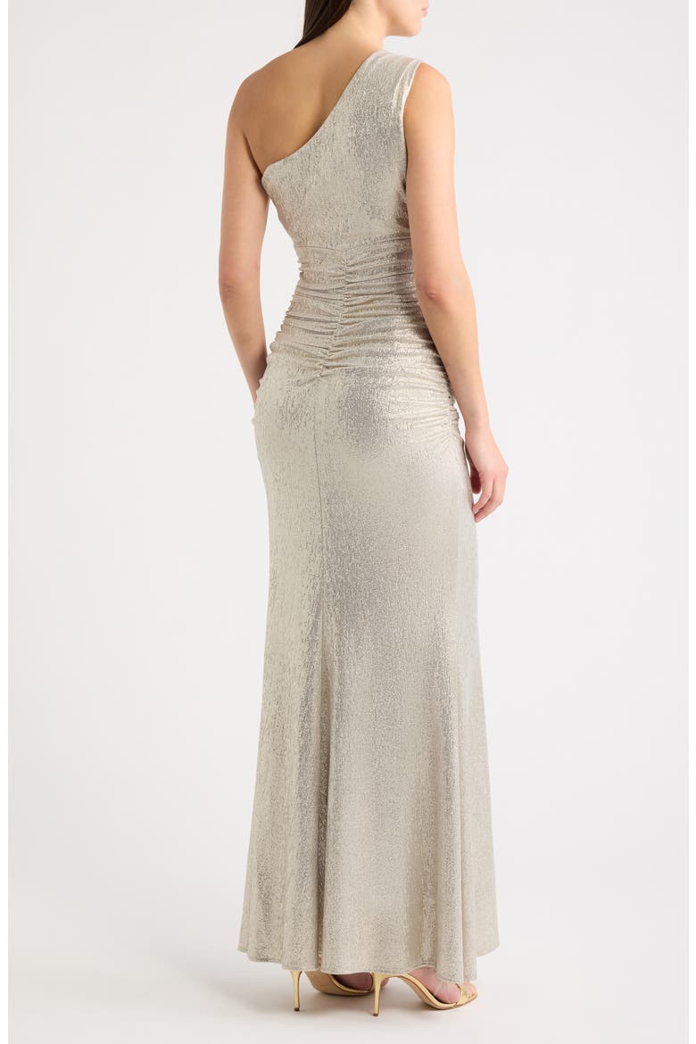 Metallic One-Shoulder Ruched Mermaid Gown, Alternate, color, GOLD