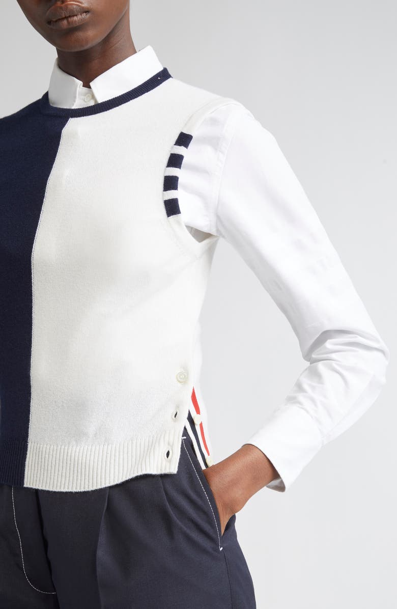 Thom Browne 4-Bar Crop Cashmere Sweater, Alternate, color, Navy/ White