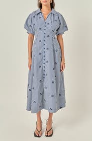 English Factory Embroidered Gingham Shirt Midi Dress