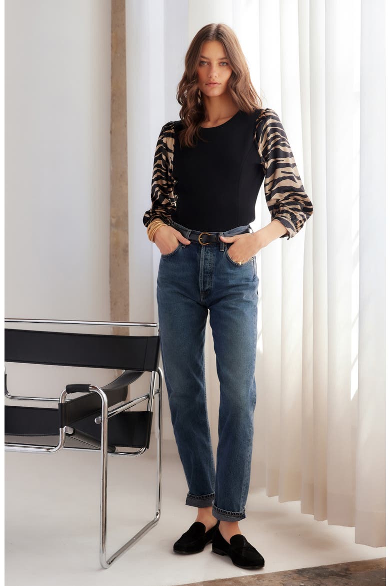 Lory Print Sleeve Velvet Top, Alternate, color, BLACK