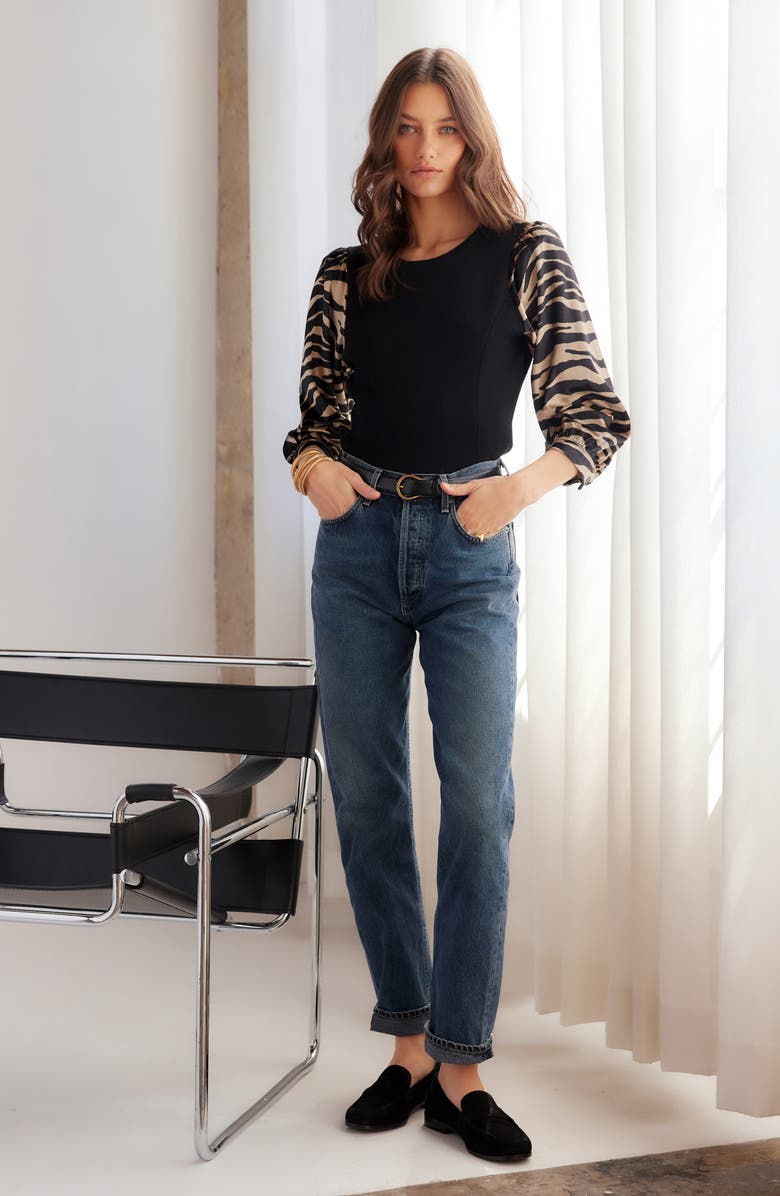 FIFTEEN TWENTY Lory Print Sleeve Velvet Top, Alternate, color, Black