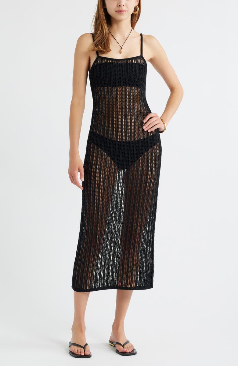 Open Edit Open Stitch Cotton Blend Sweater Dress, Main, color, Black