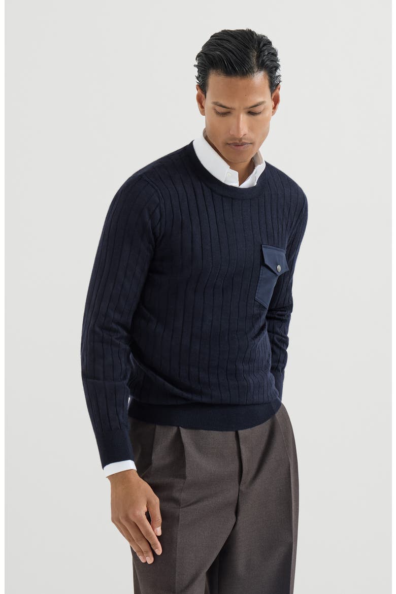 Cashmere and silk ribbed sweater with chest pocket, Main, color, Navy Blue