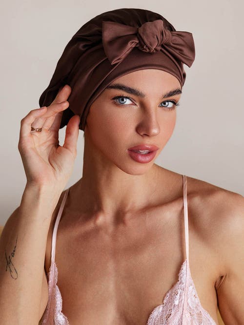 Silksilky Pure Silk Bowknot Tie Bonnet In Brown