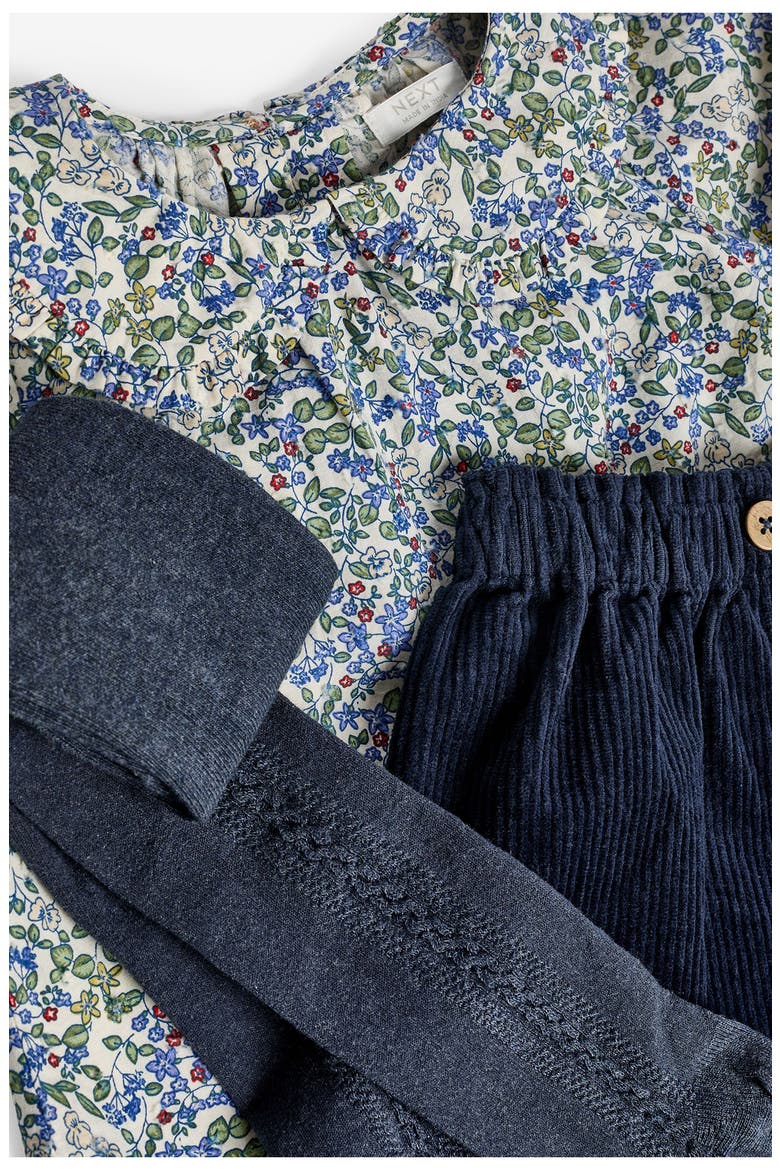 Kids' Floral Cotton Shirt, Corduroy Shorts & Tights Set, Alternate, color, BLUE