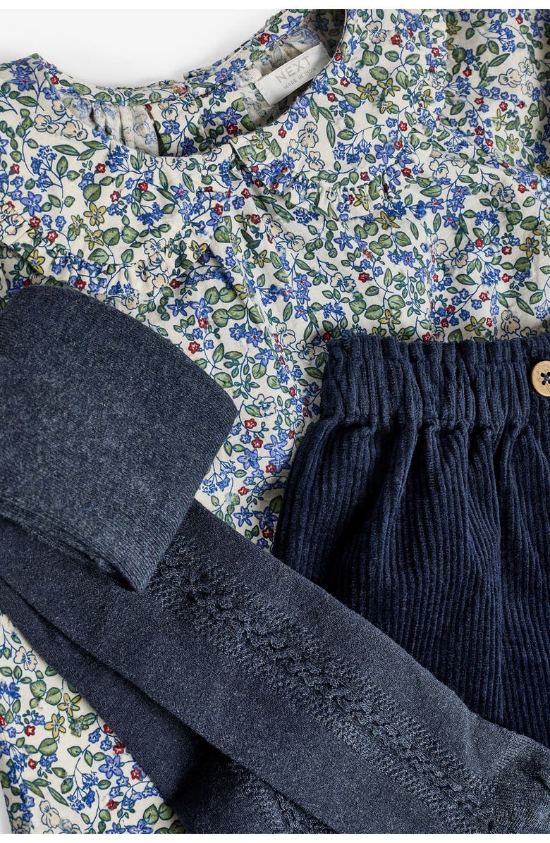 NEXT Kids' Floral Cotton Shirt, Corduroy Shorts & Tights Set, Alternate, color,