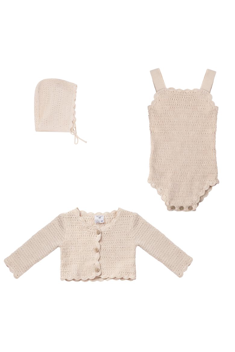 Scalloped Button Cardigan Romper Hat Knit Set, Main, color, Natural