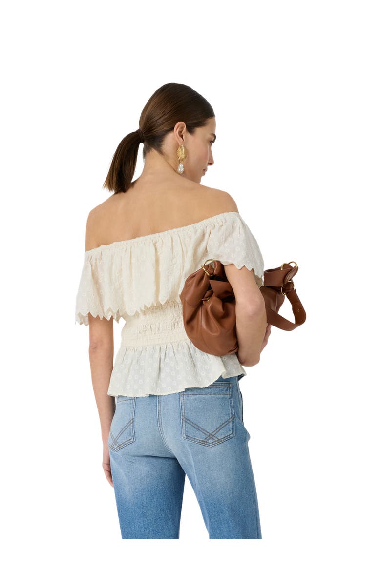 Smocked Bardot Ruffle Eyelet Blouse, Alternate, color, White