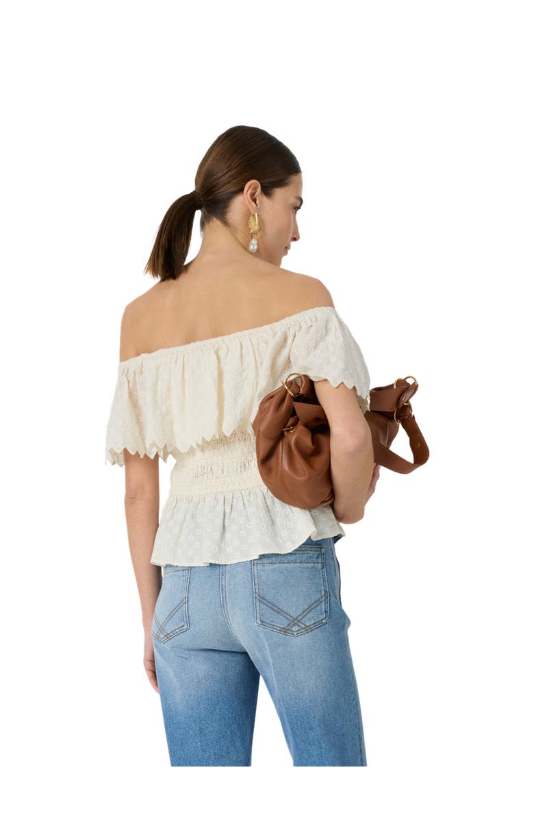 GERARD DAREL Smocked Bardot Ruffle Eyelet Blouse, Alternate, color, White