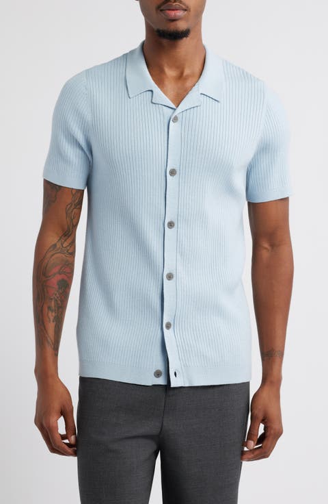 Ribbed Short Sleeve Camp Collar Cardigan