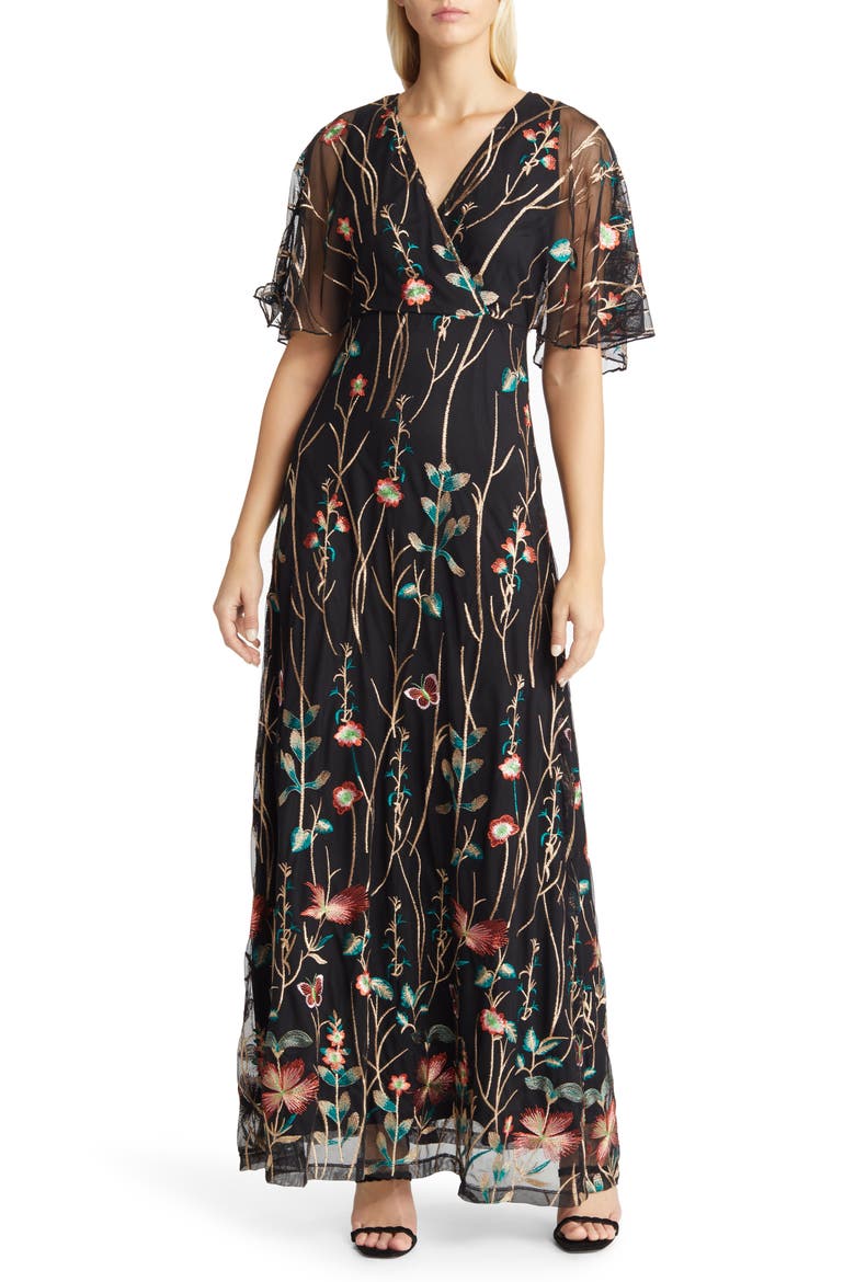 Embroidered Elegance Evening Gown with Sleeves, Main, color, ONYX