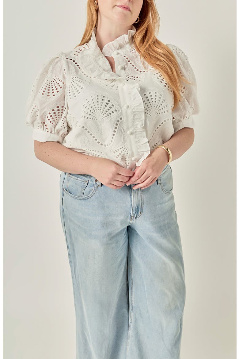 Embroidered Ruffle Short Sleeve Eyelet Shirt, Alternate, color, WHITE