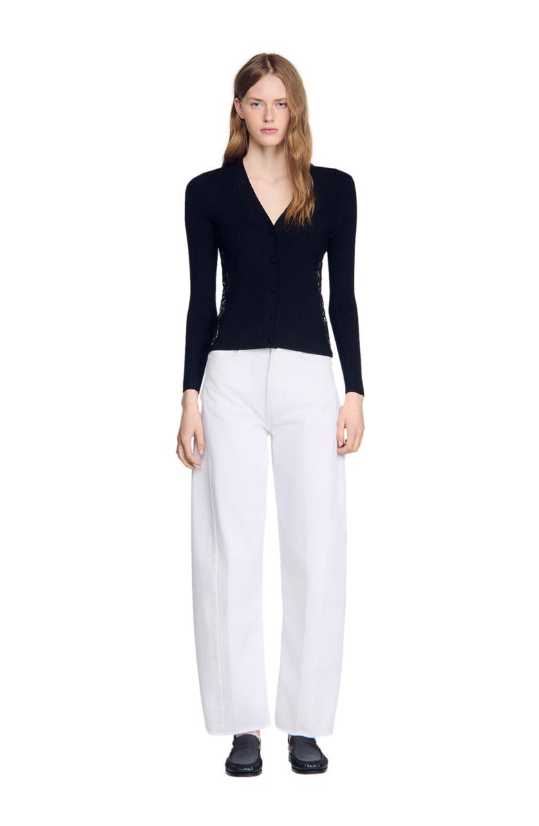 SANDRO Cardigan with lace panel, Main, color, Black
