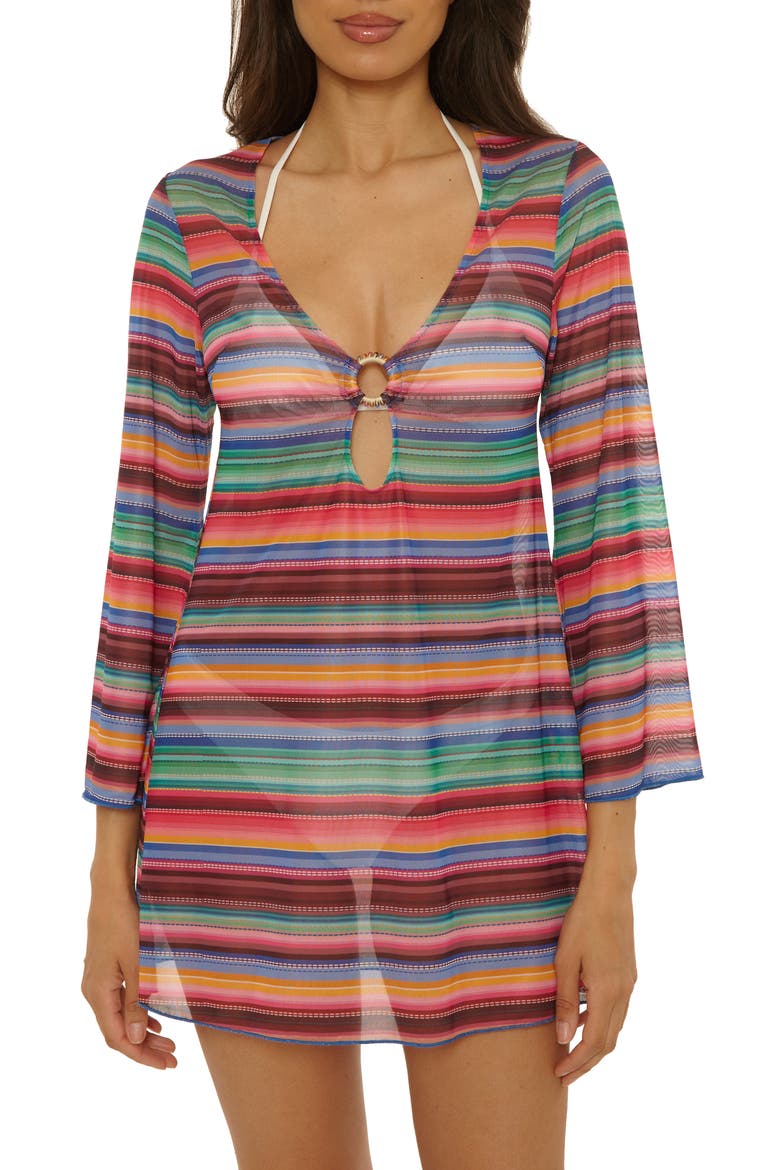 Vallarta Long Sleeve Sheer Mesh Cover-Up Tunic, Main, color, RED MULTI STRIPE