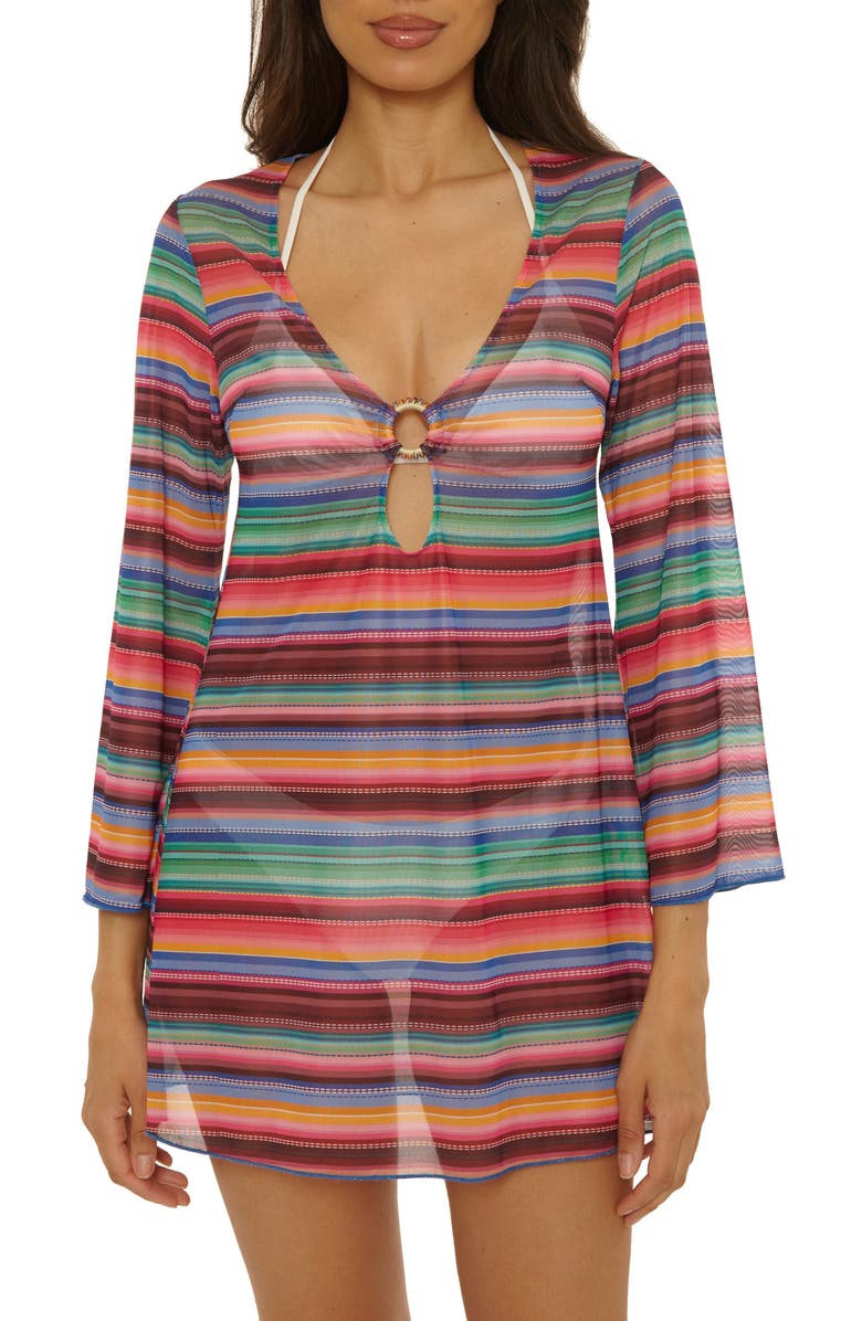 Becca Vallarta Long Sleeve Sheer Mesh Cover-Up Tunic, Main, color, Red Multi Stripe
