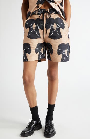 House Of Aama Silhouette Print Cotton Twill Shorts In Brown