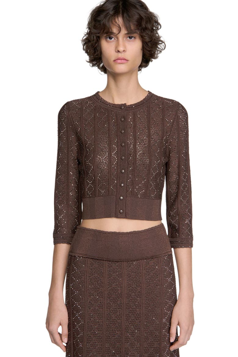 Strass knit cropped cardigan, Alternate, color, Brown