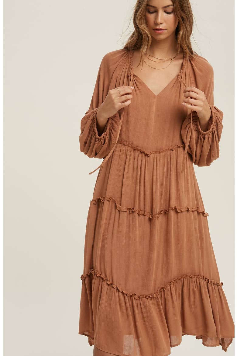 Notched Neck Long Sleeve Tiered Dress, Alternate, color, Brown