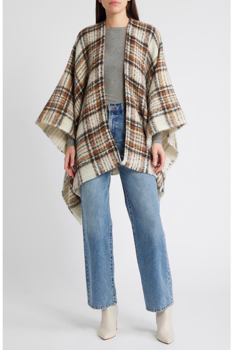 Plaid Fringed Ruana, Main, color, BROWN PLAID COMBO